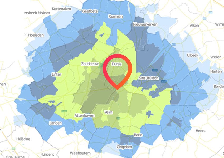 Kaart retail locatie en omliggende verzorgingsgebieden